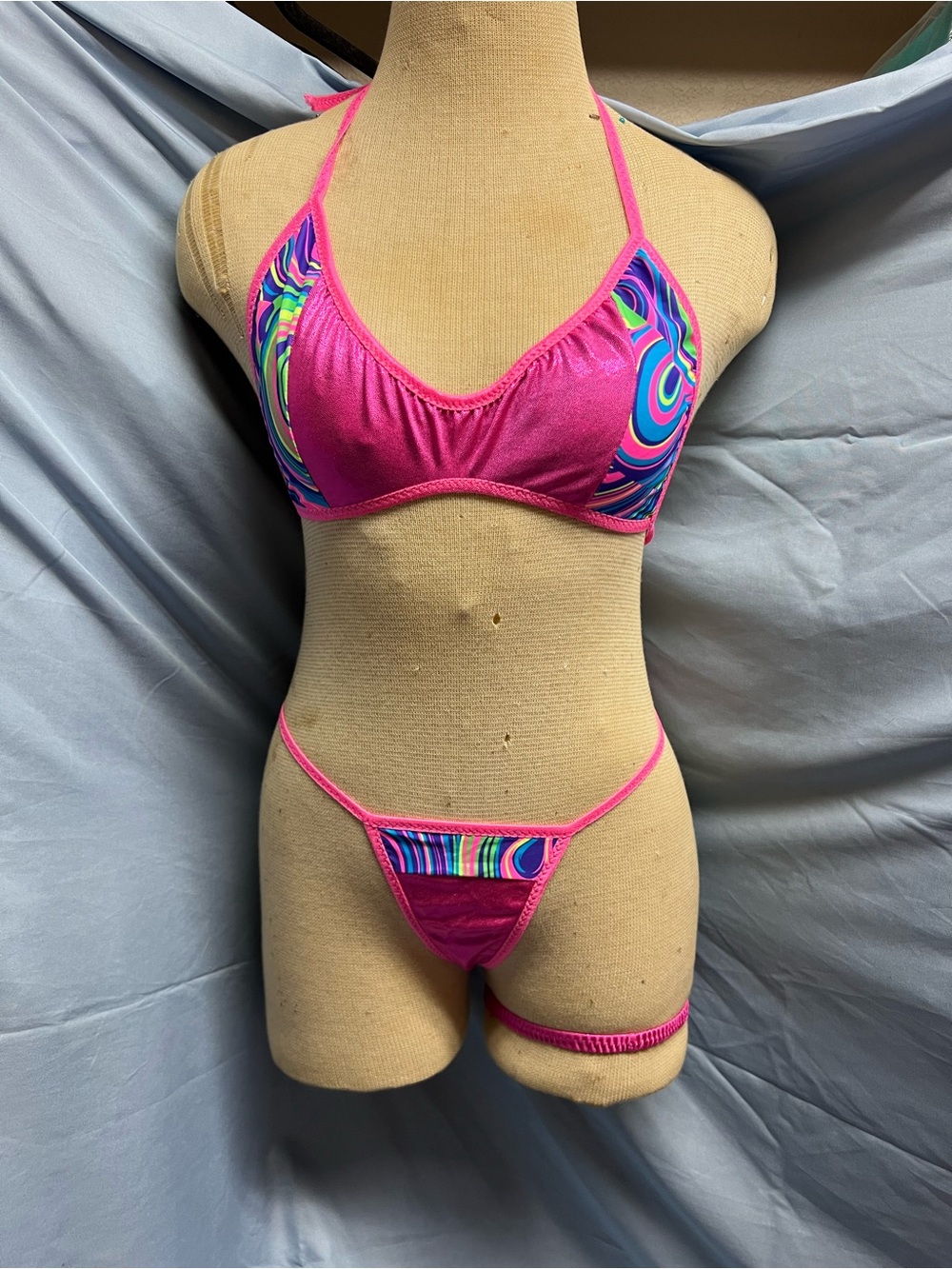 Shimmering Hot Pink 3pc Bikini with Neon Swirl Accents
